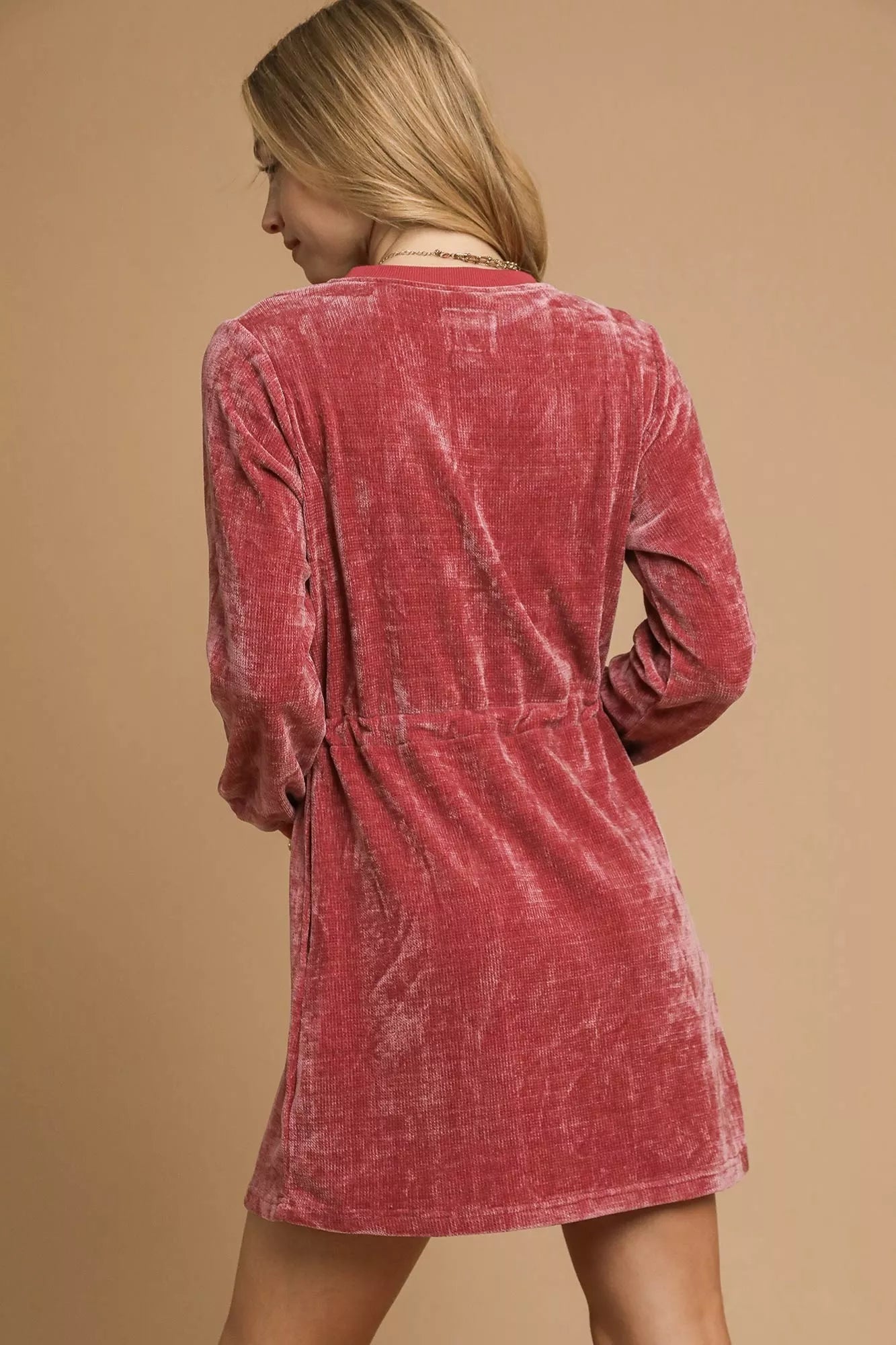 Velour Drawstring Mini Dress with Long Sleeves