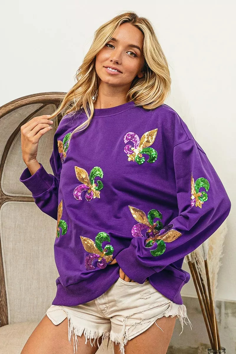 Fleur De Lis Sequin Patches Mardi Gras Sweatshirt