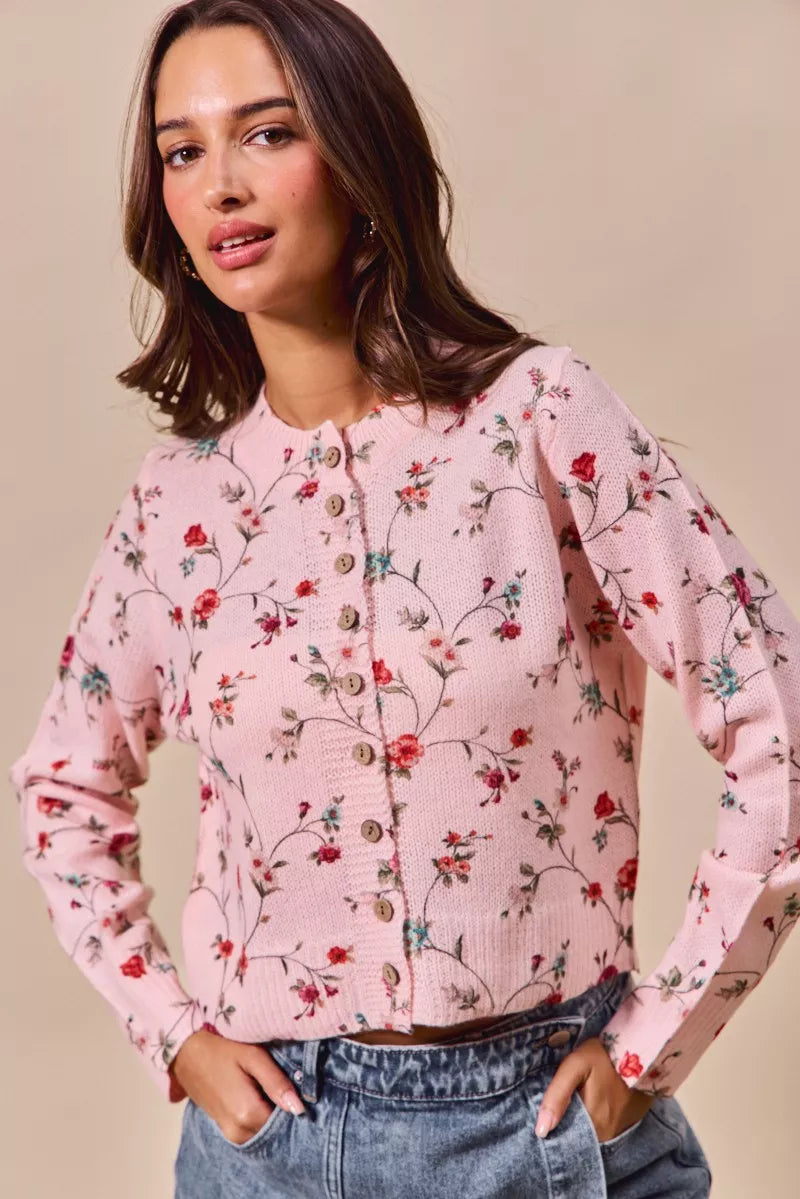 Floral Print Button Front Sweater Cardigan Top