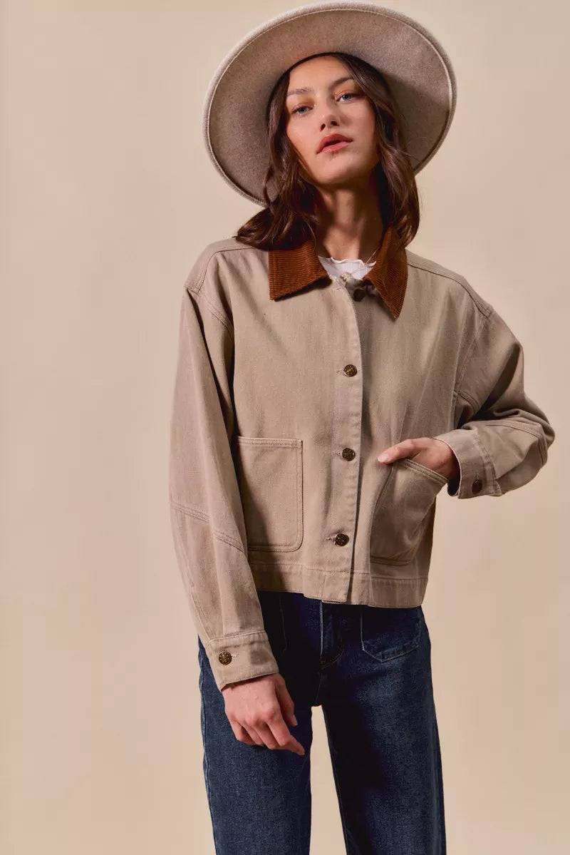 Cotton Twill Cropped Barn Jacket wtih Collar