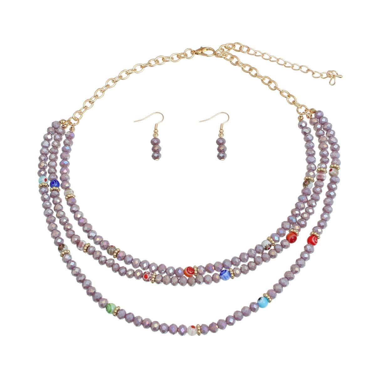 Layered Light Purple Glass Bead Necklace Set – Stylish Statement Jewelry