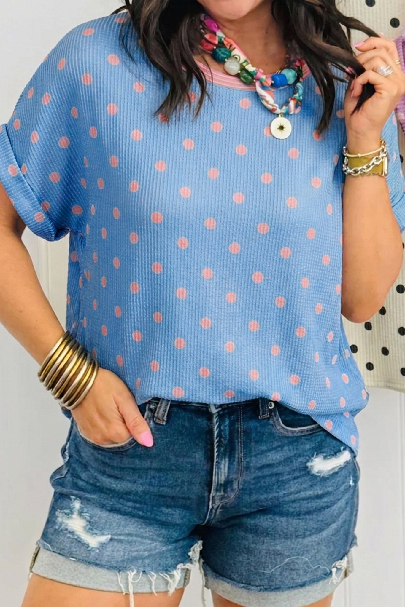 Sky Blue Raised Rib Polka Dot Print Cuffed Short Sleeve Top - Loving It Shop