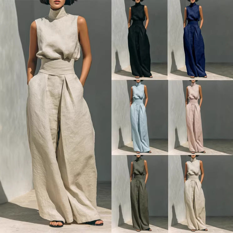 Casual Sleeveless Suit Summer Stand-up Collar Pullover Top And Loose Straight-leg Trousers Women&