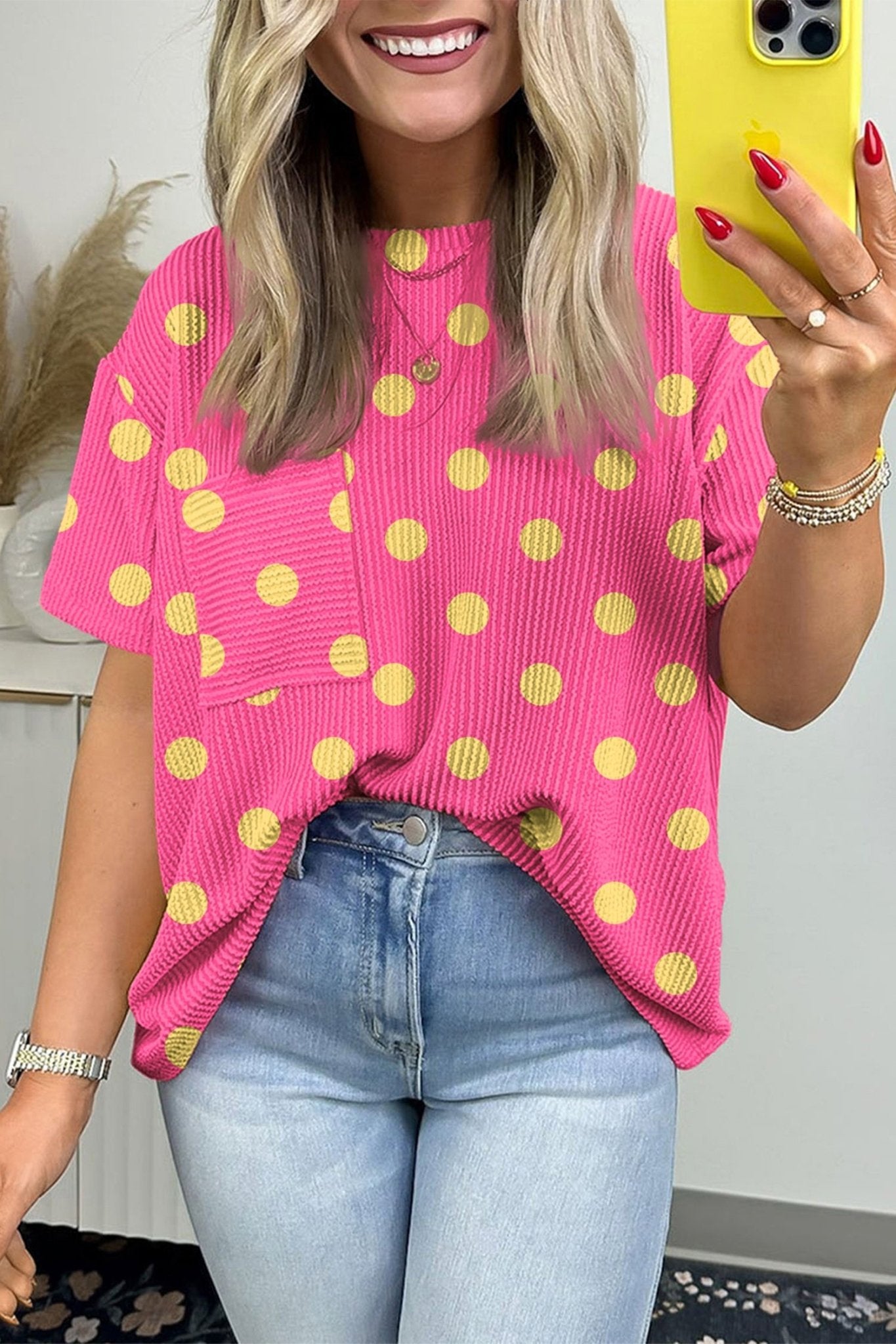 Pink Polka Dot Round Neck Drop Shoulder Patch Pocket Jacquard Texture Top - Loving It Shop