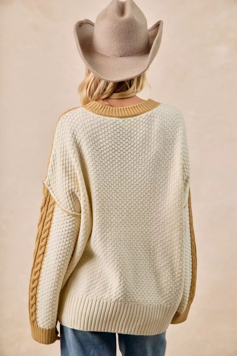 Cable Knit With Hacci Combo Sweater With Uneven Hem Detail