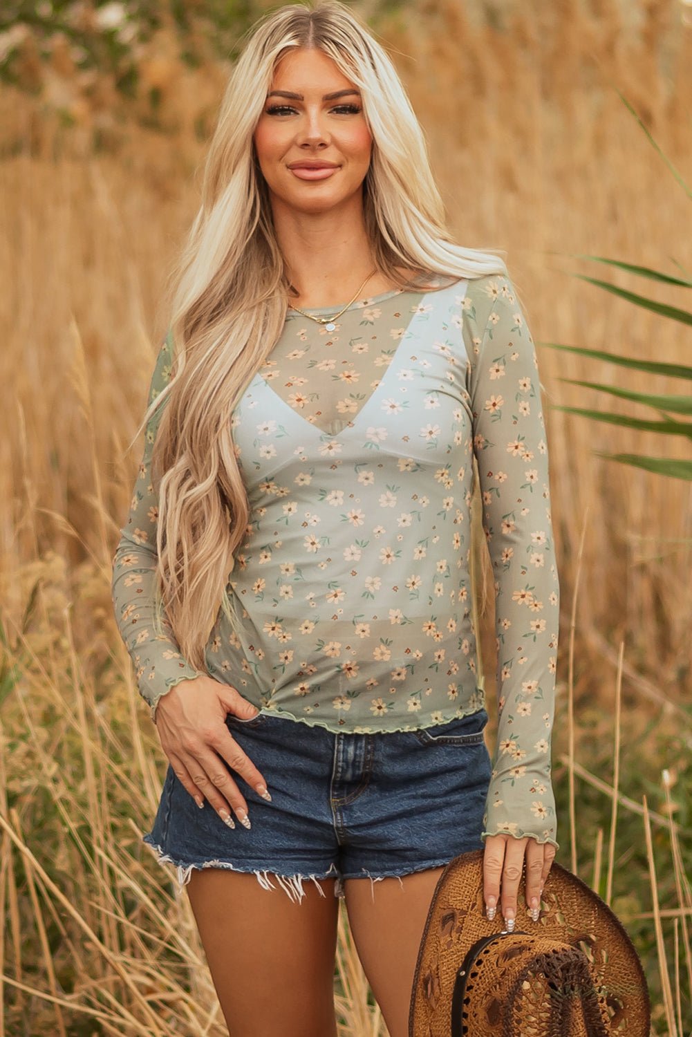 Laurel Green Vintage Floral Print Southern Style Mesh Long Sleeve Top - Loving It Shop