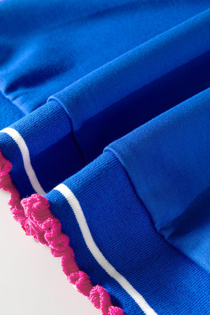 Sky Blue Contrast Frilled Trim Button Collared Short Sleeve Knit Top