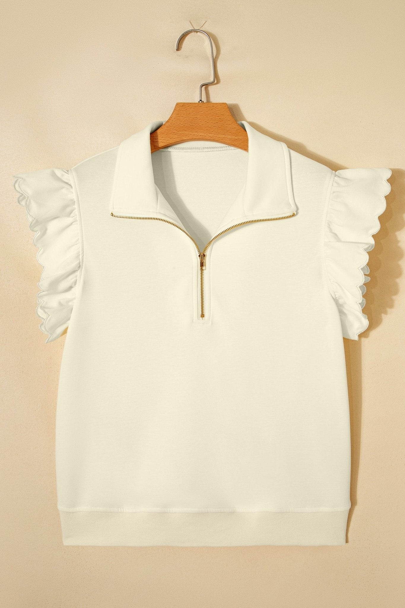 Beige Zipped up Collared Ruffled Short Sleeve Blouse - Loving It Shop