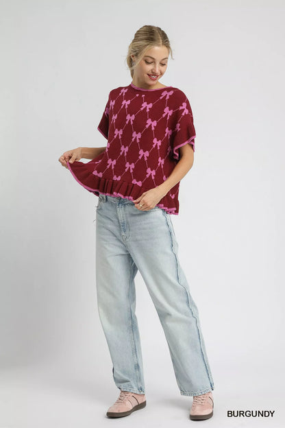 Bow Knit Ruffle Sleeve Sweater