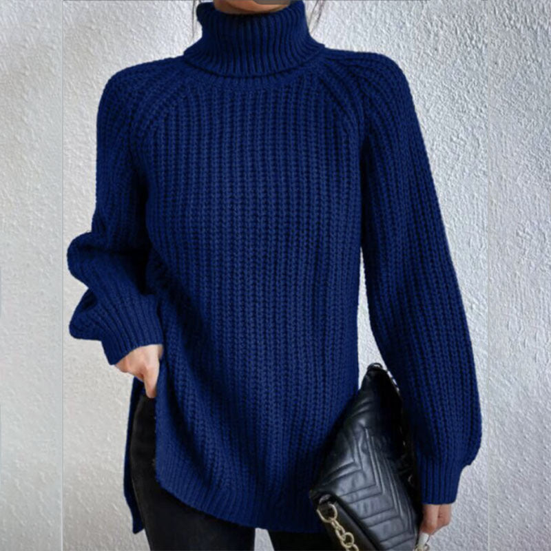 Turtleneck Pullover Sweater With Split Design Fashion Simple Solid Color Long Sleeve Tops Women&