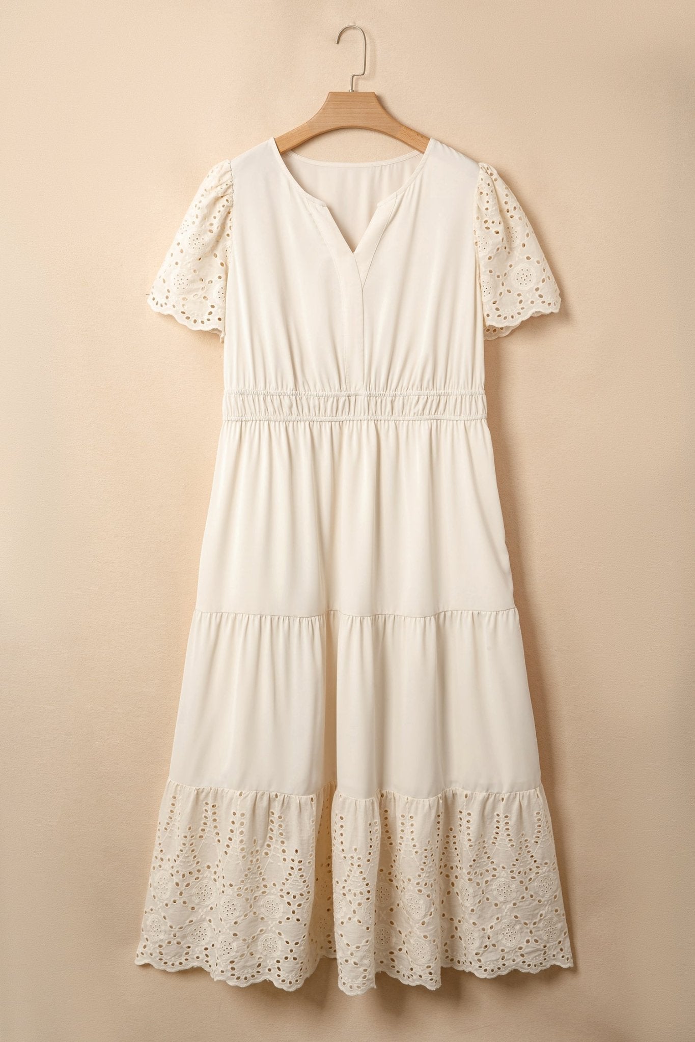Apricot Plus Size V Neck Lacy Embroidery Patchwork Short Sleeve Maxi Dress - Loving It Shop