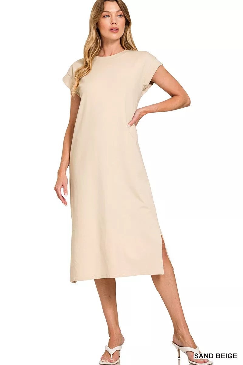 Round Neck Side Slit Midi Dress