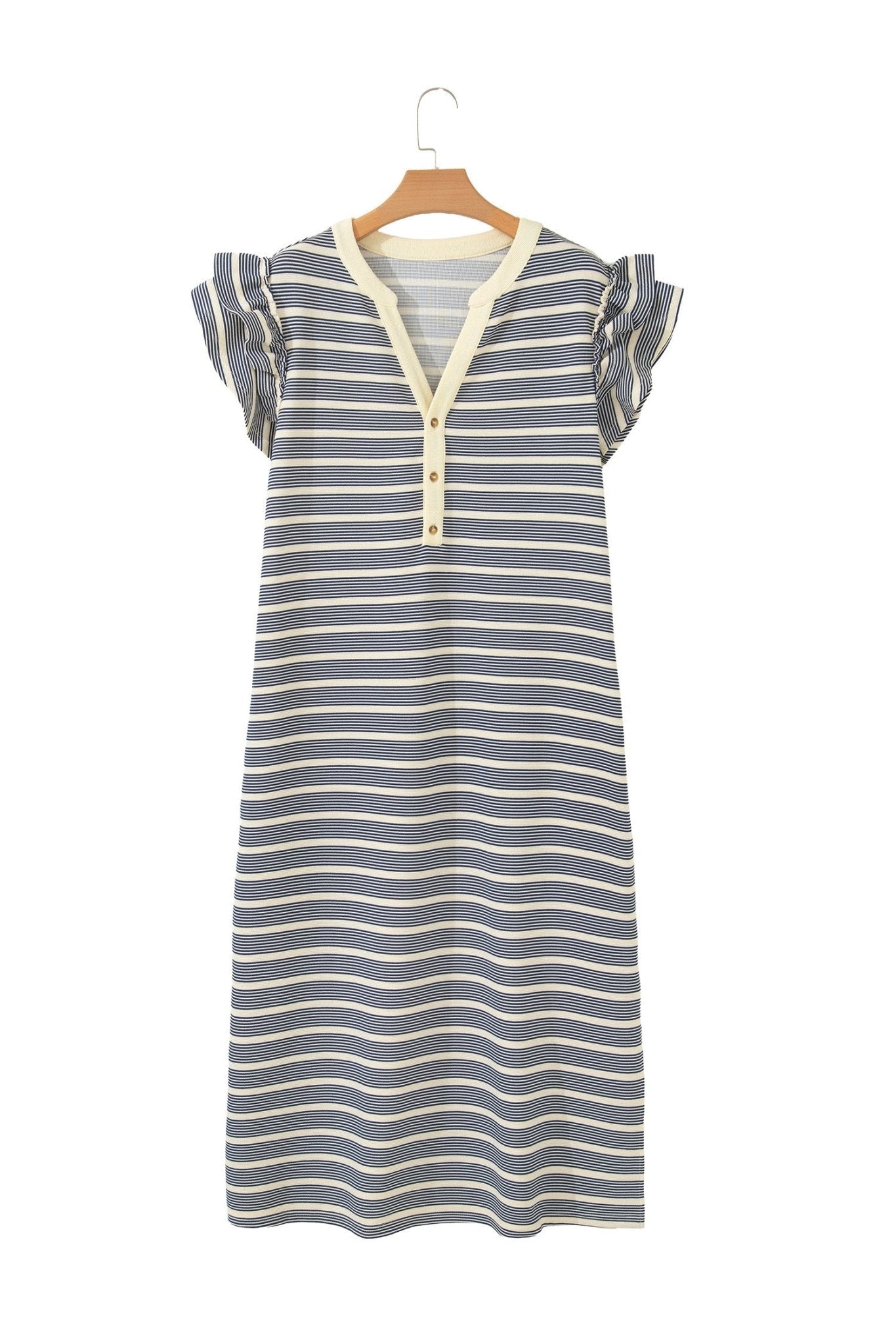 Blue Stripe Plus Size Contrast Trim Button V Neck Ruffle Sleeve Shift Dress - Loving It Shop