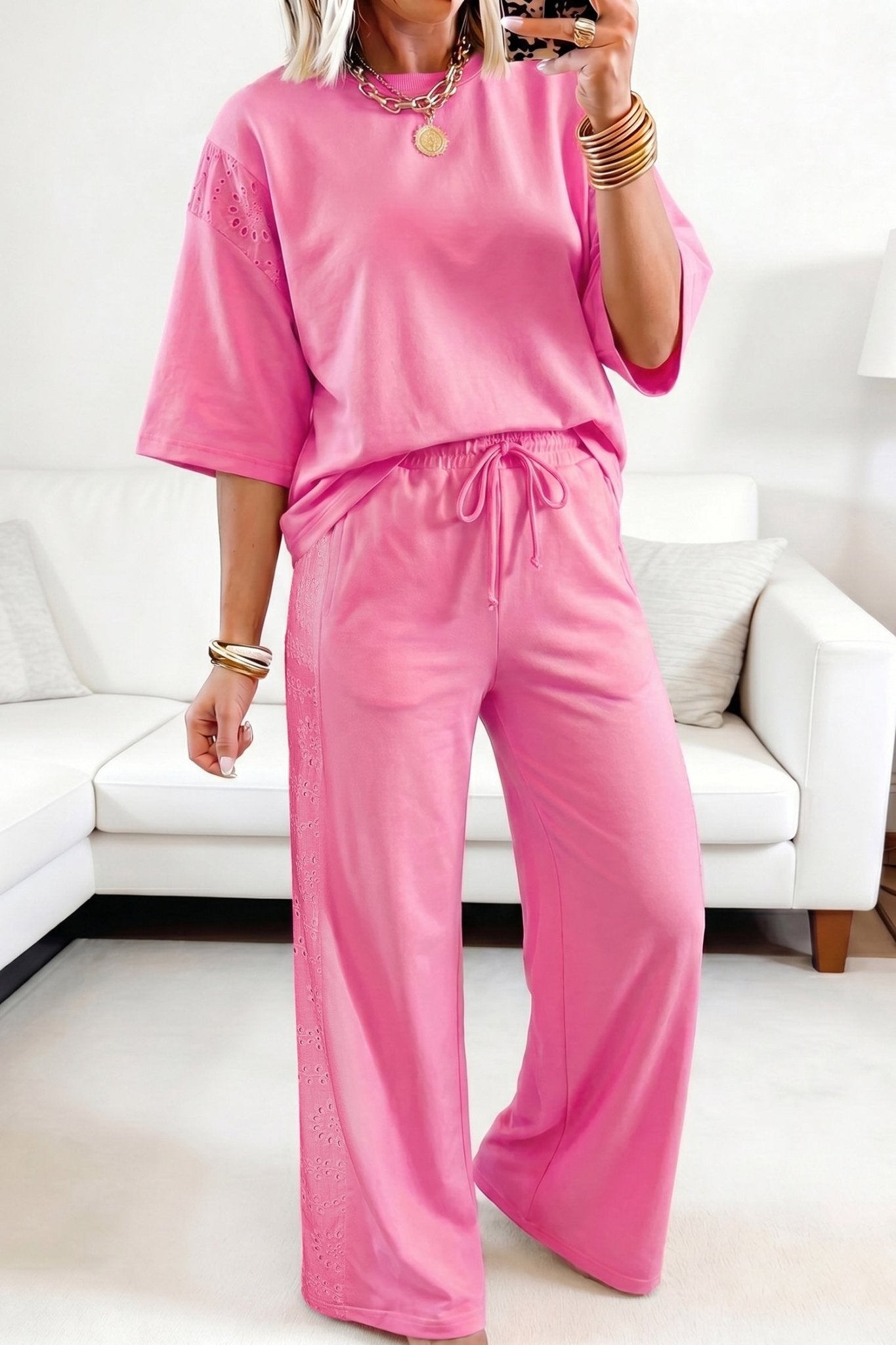 Sachet Pink Lace Patchwork Half Sleeve Top Elastic Waist Pants Two Piece Set - Loving It Shop
