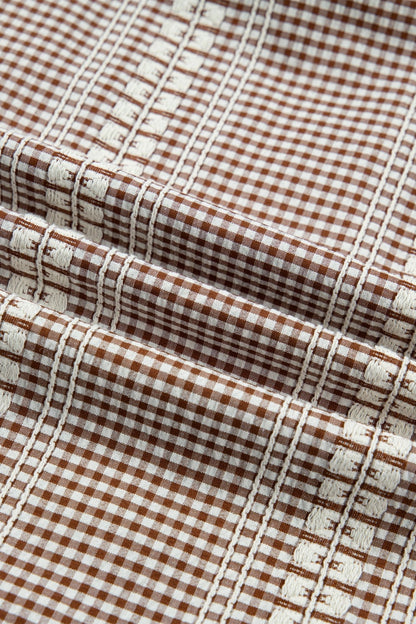 Brown Western Pony Embroidered Yoke Puff Sleeve Gingham Blouse - Loving It Shop