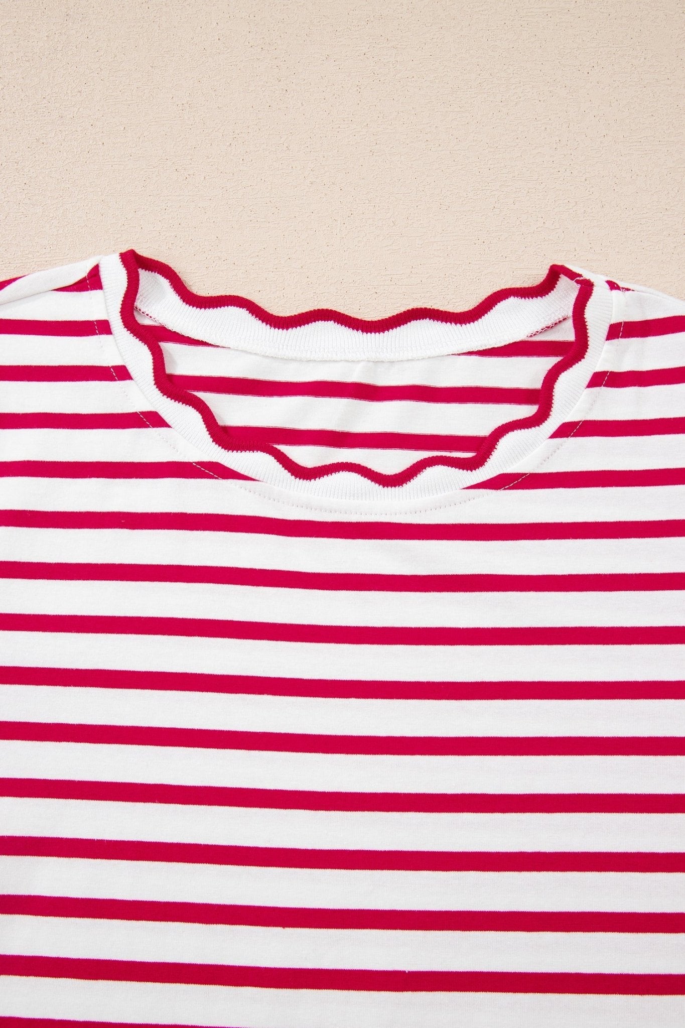 Red Stripe Scalloped Trim Round Neck T Shirt - Loving It Shop