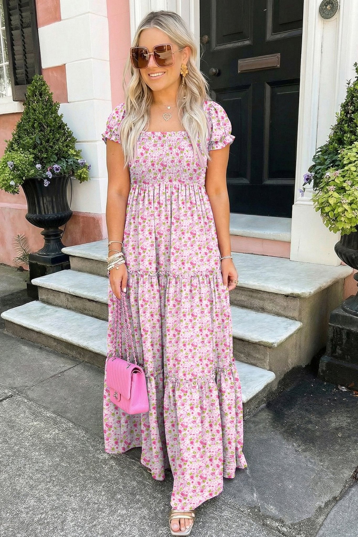 Pink Floral Short Bubble Sleeve Shirred High Waist Maxi Dress - Loving It Shop