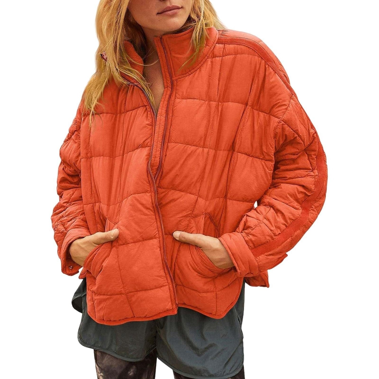 Winter Zip-up Stand Collar Coat With Pockets Fashion Solid Color Plaid Long Sleeved Jacket Women&