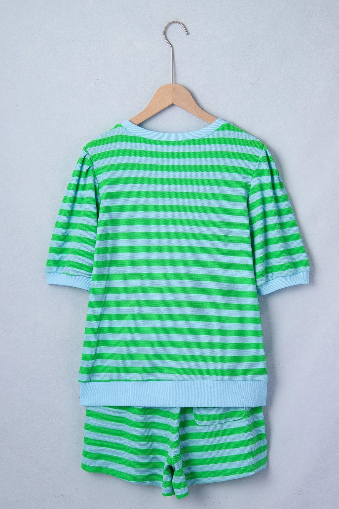 Green Stripe Puff Short Sleeve T Shirt Matching Shorts Set - Loving It Shop