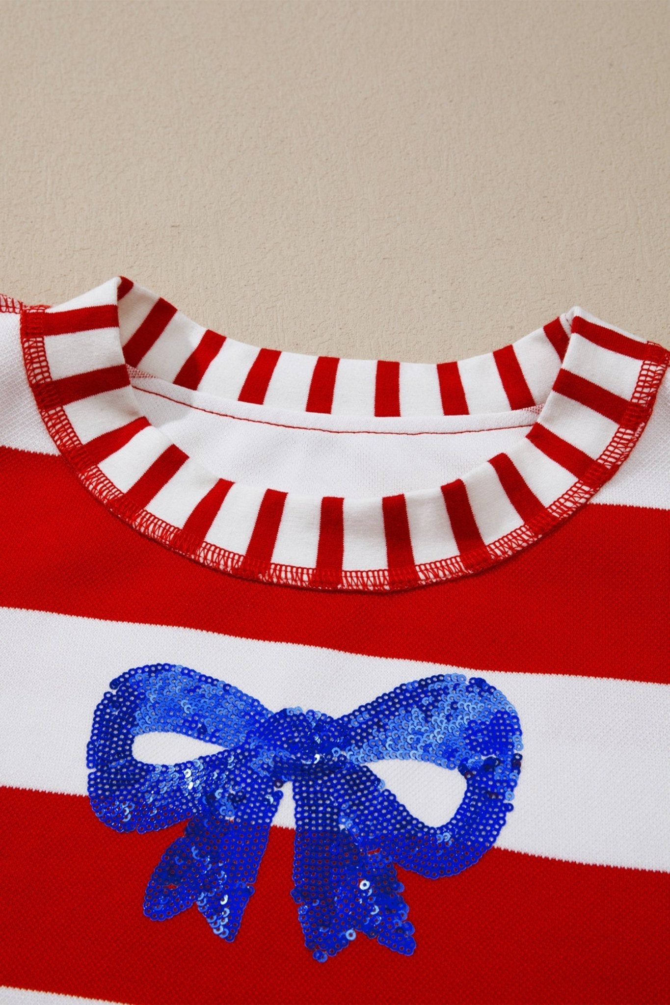 Red Stripe Sequin Bow Patriotic Half Sleeve Top - Loving It Shop