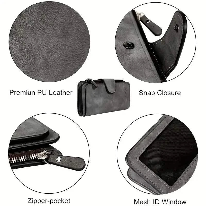 Vintage Faux Leather Long Wallet – Trifold Credit Card Holder with Snap &amp; Zipper