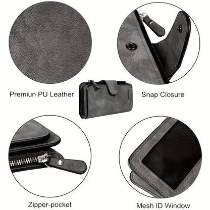 Vintage Faux Leather Long Wallet – Trifold Credit Card Holder with Snap &amp; Zipper
