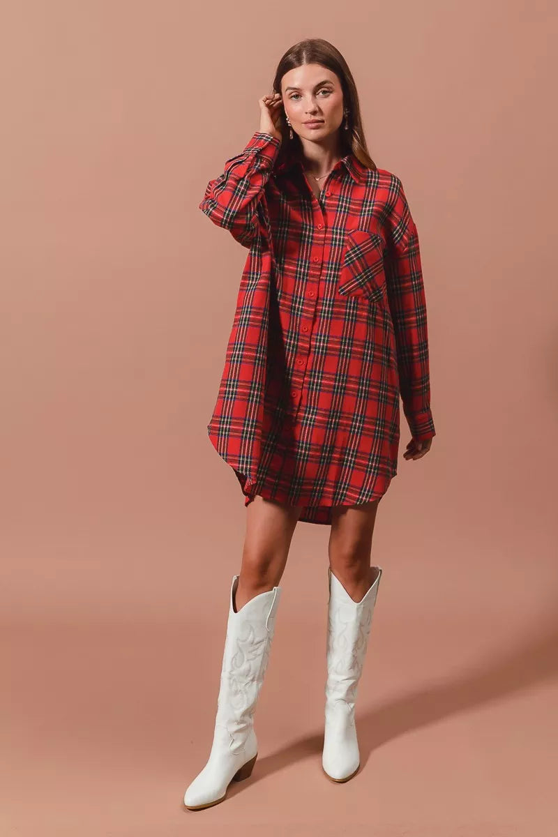 Christmas Checker Plaid Button Up Shirt Dress