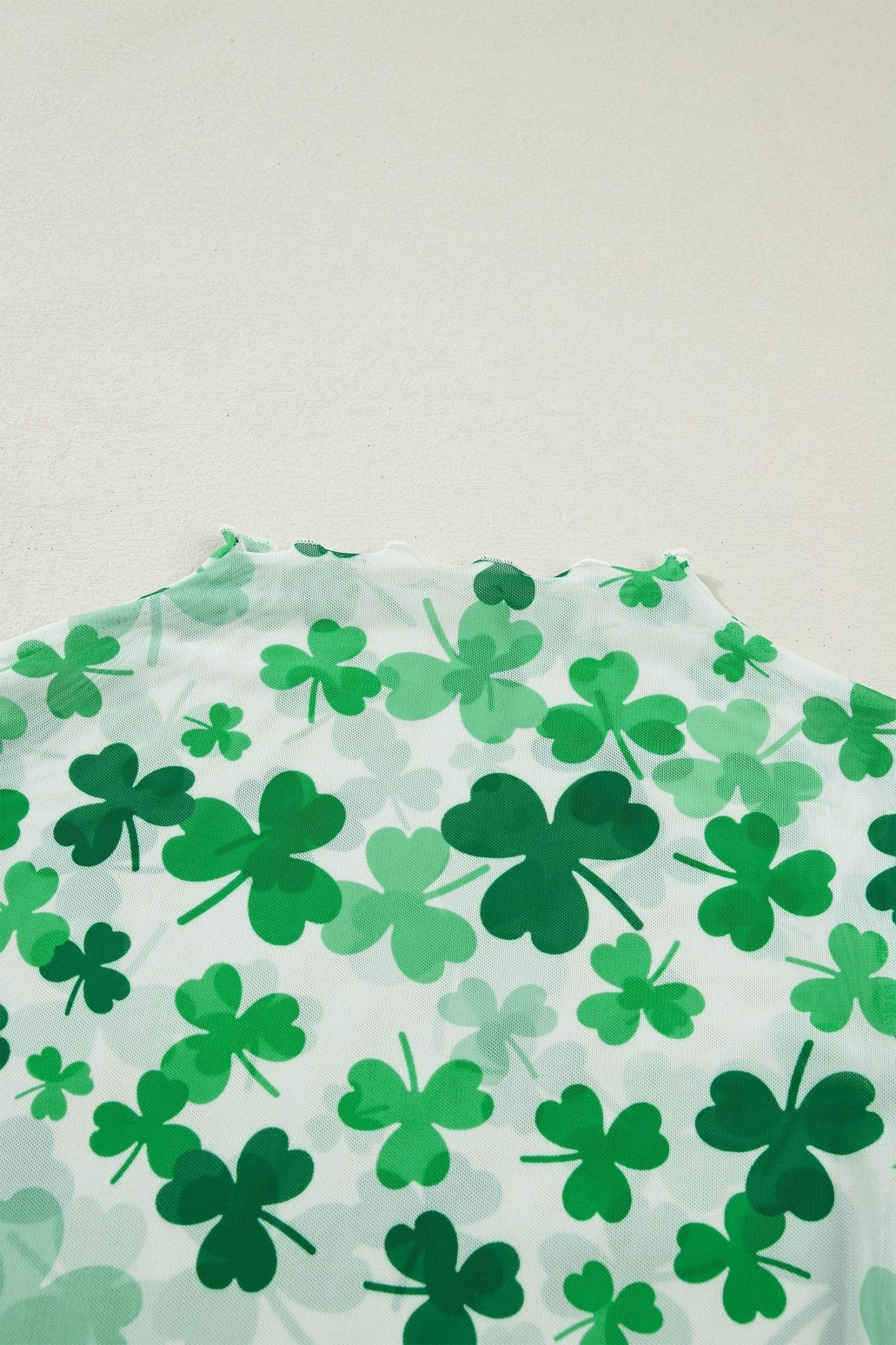 Green Lucky Shamrock Lettuce Trim High Neck Mesh Long Sleeve Top - Loving It Shop