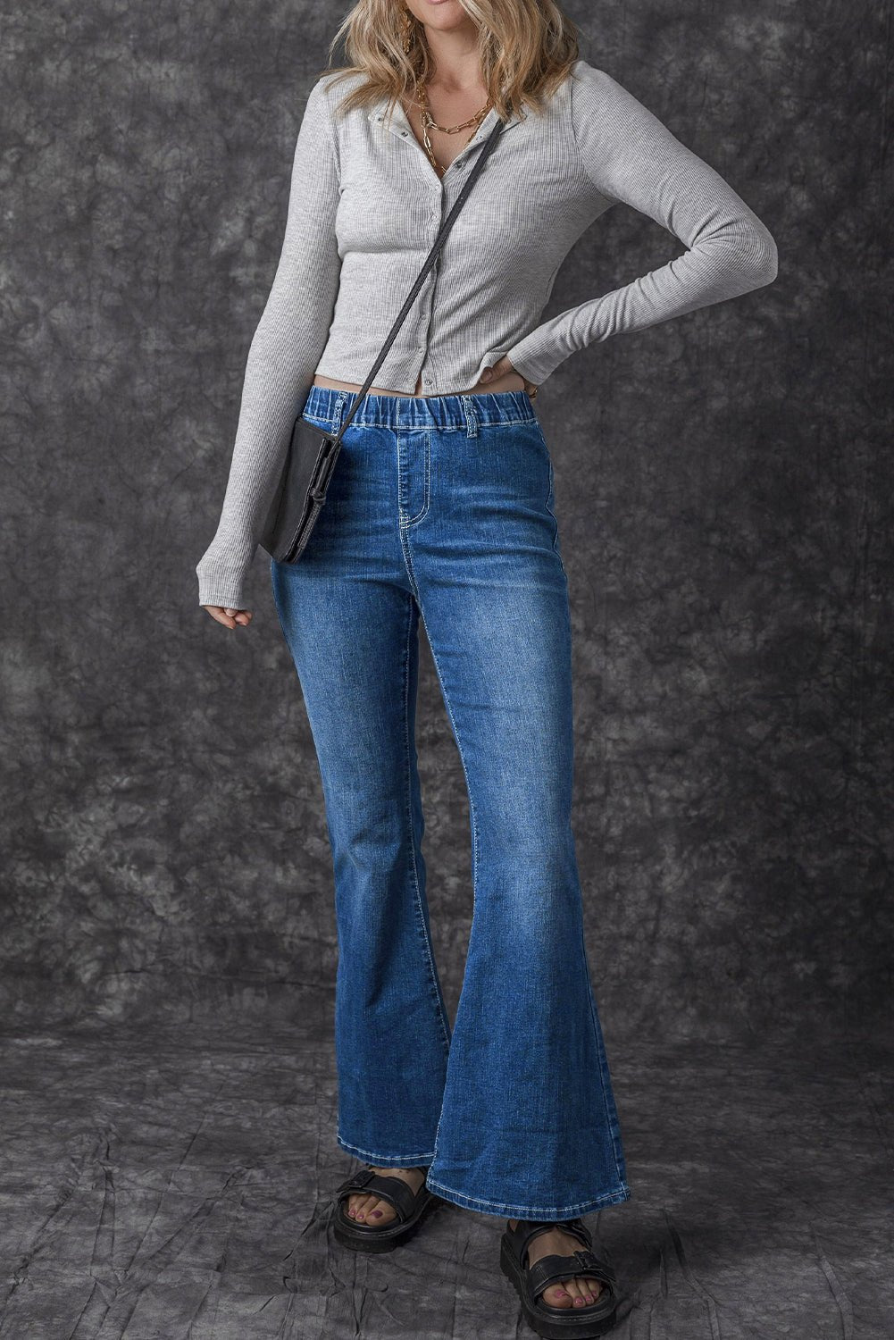 Blue Elastic High Waist Flare Jeans - Loving It Shop
