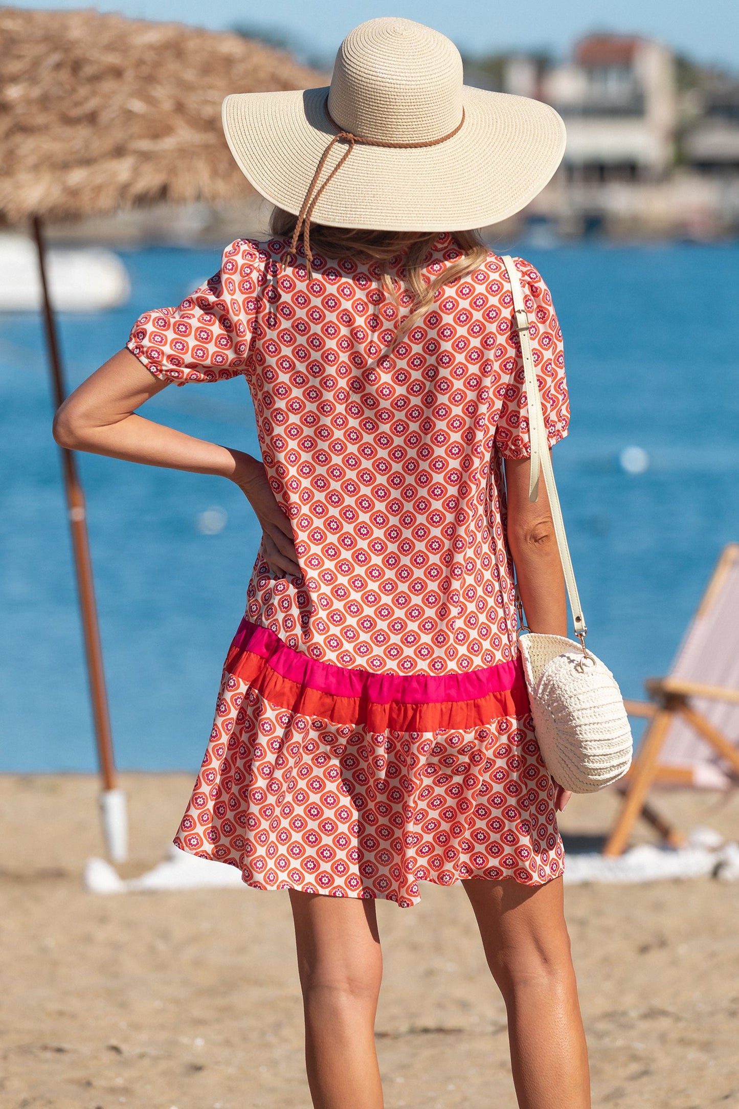 Orange Geometric Floral Print Color Block Trim Button Front Ruffle Hem Dress