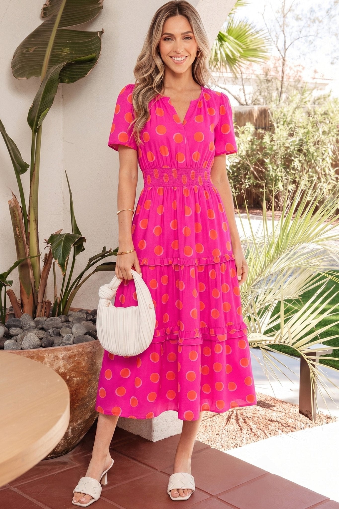 Rose Double Polka Dot Short Sleeve Shirred High Waist Midi Dress - Loving It Shop