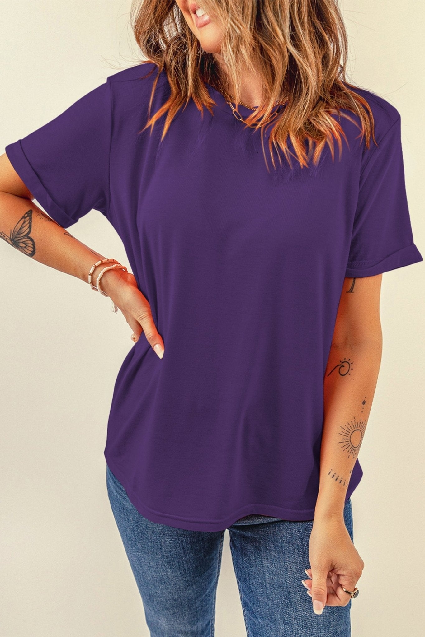 Tillandsia Purple Casual Plain Crew Neck Tee - Loving It Shop