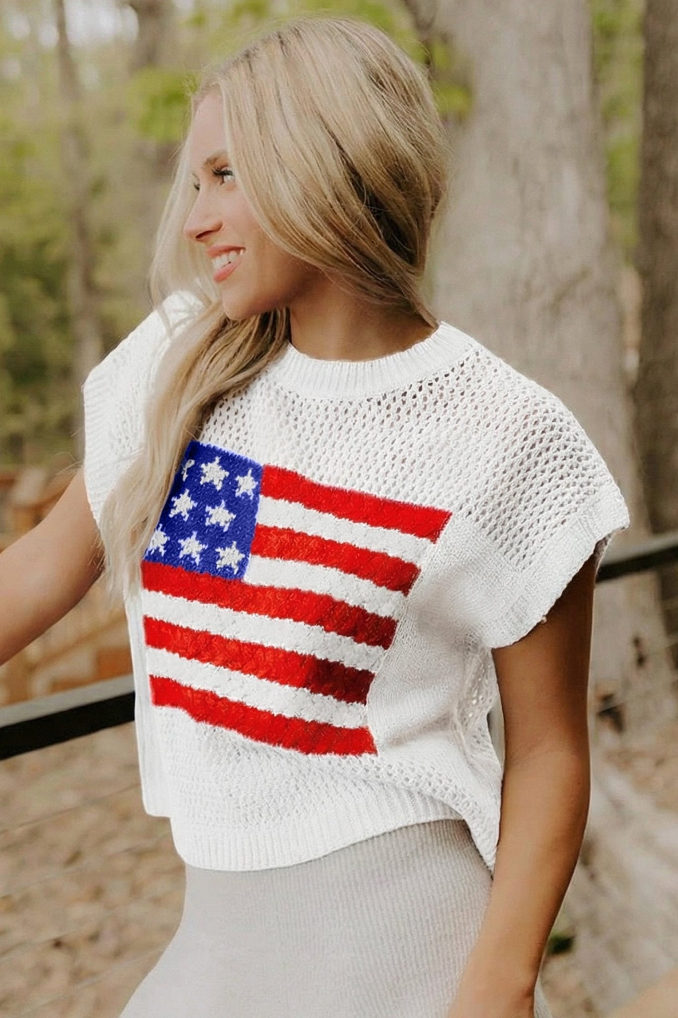 White Flag Graphic Short Sleeve Sweater Top - Loving It Shop