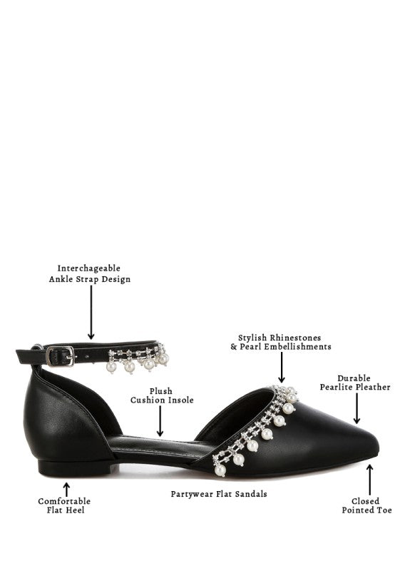 Aouva Rhinestone & Pearl Ankle Strap Flat Sandals