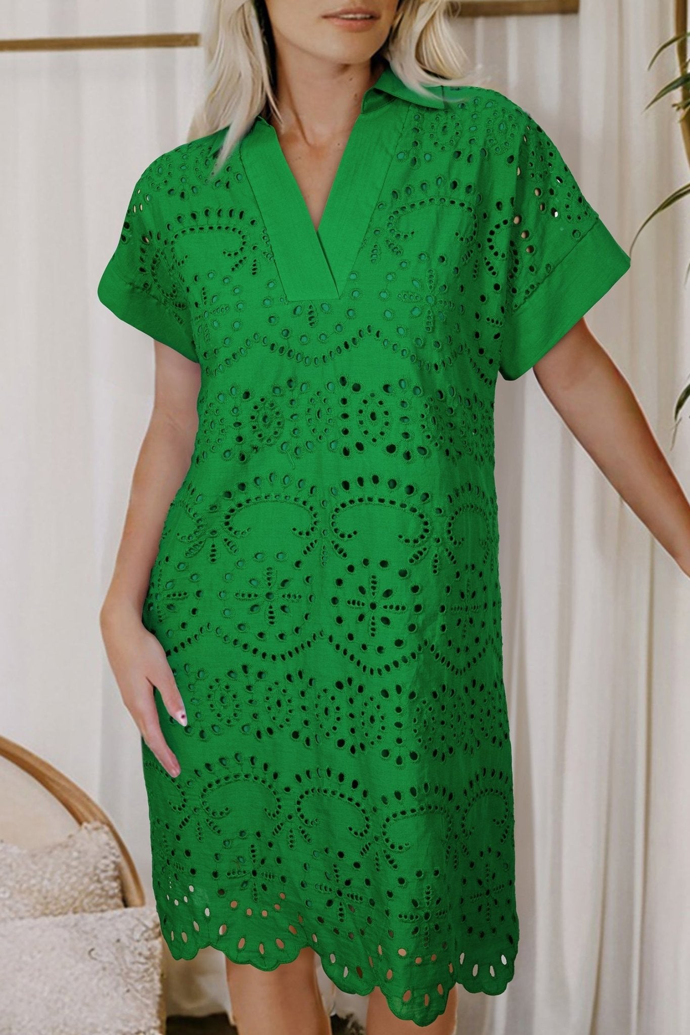 Green Solid Color Eyelet Embroidered T Shirt Mini Dress - Loving It Shop