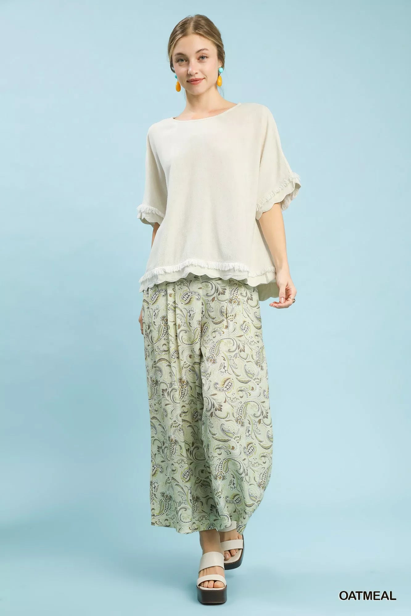 Linen Frayed Hem Scallop Edge Top