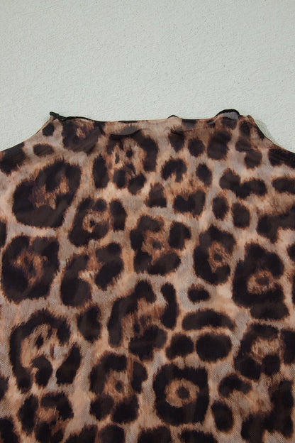 Camel Leopard Printed Mesh Short Sleeve Top - Loving It Shop