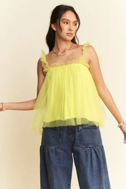 Davi &amp; Dani Shirred Ruffle Strap Tulle Babydoll Top