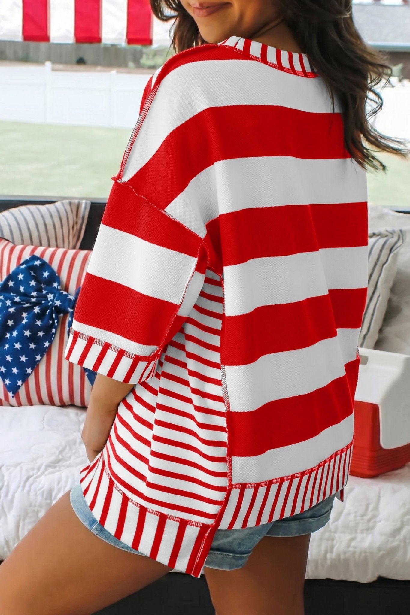 Red Stripe Sequin Bow Patriotic Half Sleeve Top - Loving It Shop