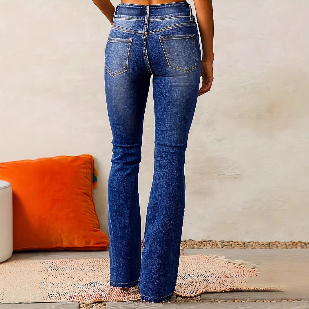 Skinny Flared Jeans With Pockets Fashion Button Zipper Trousers Women&