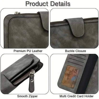 Vintage Faux Leather Long Wallet – Trifold Credit Card Holder with Snap &amp; Zipper