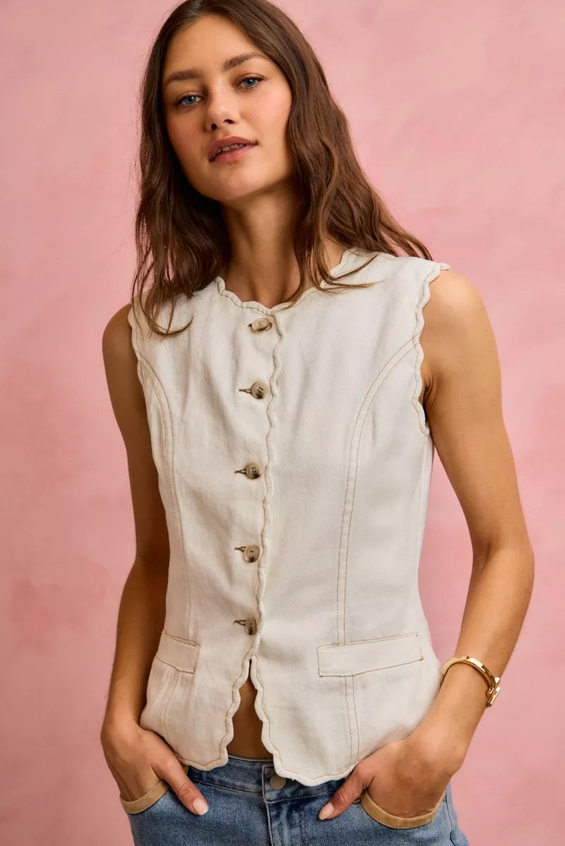 Scalloped Edge Cotton Twill Washed Vest Top