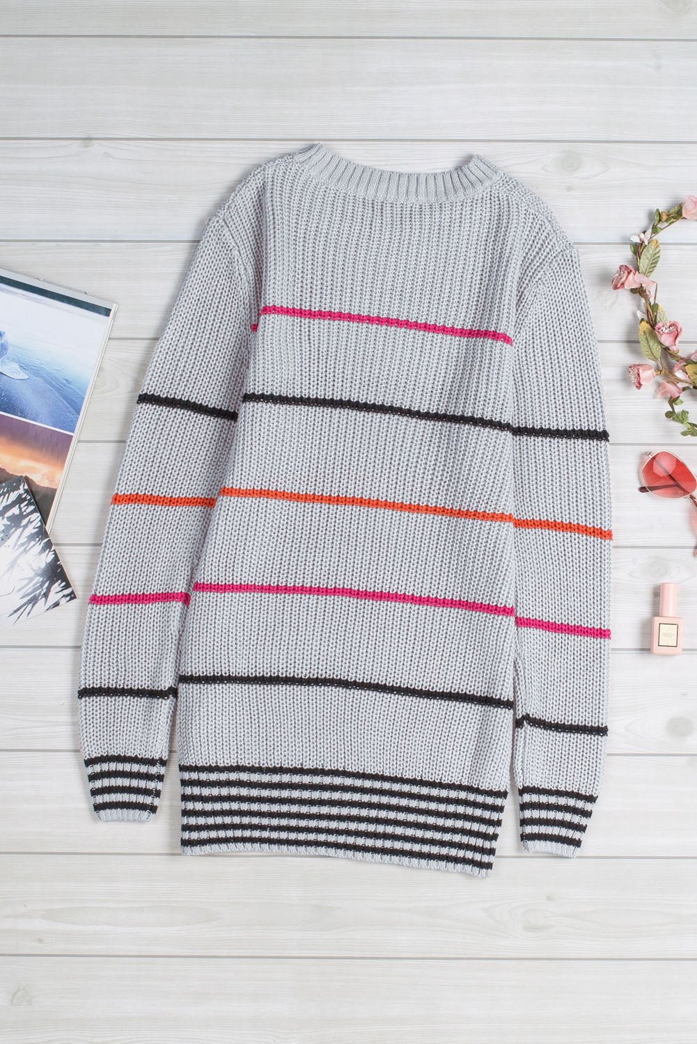 Gray Ribbed Knit Striped Sweater - Loving It Shop