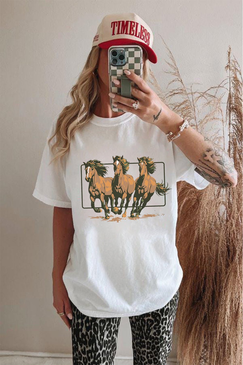 White Texas Horse Graphic Cuffed Sleeve Graphic T Shirt - Loving It Shop