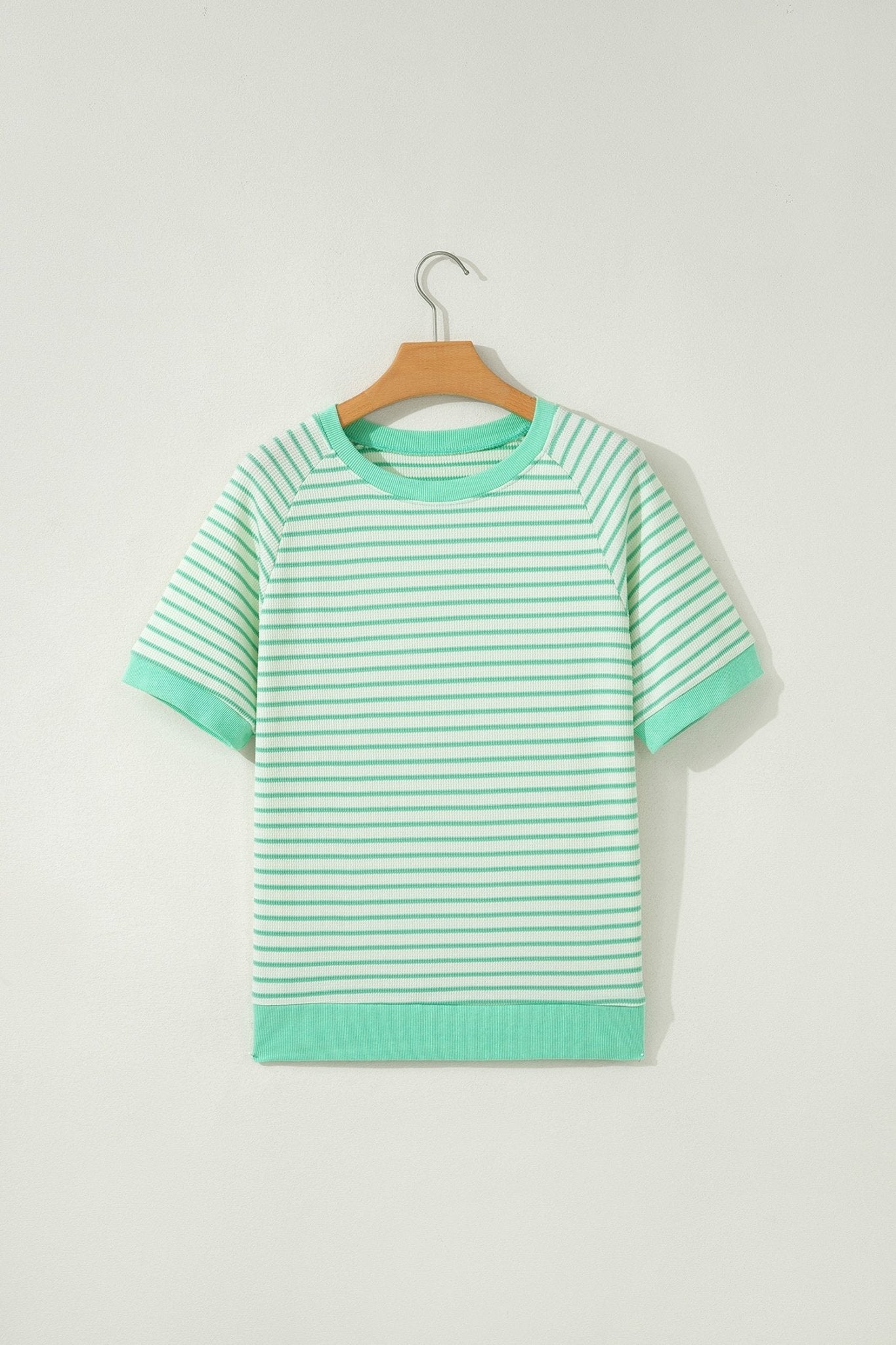 Green Stripe Colorblock Trim Round Neck Short Sleeve Tee - Loving It Shop
