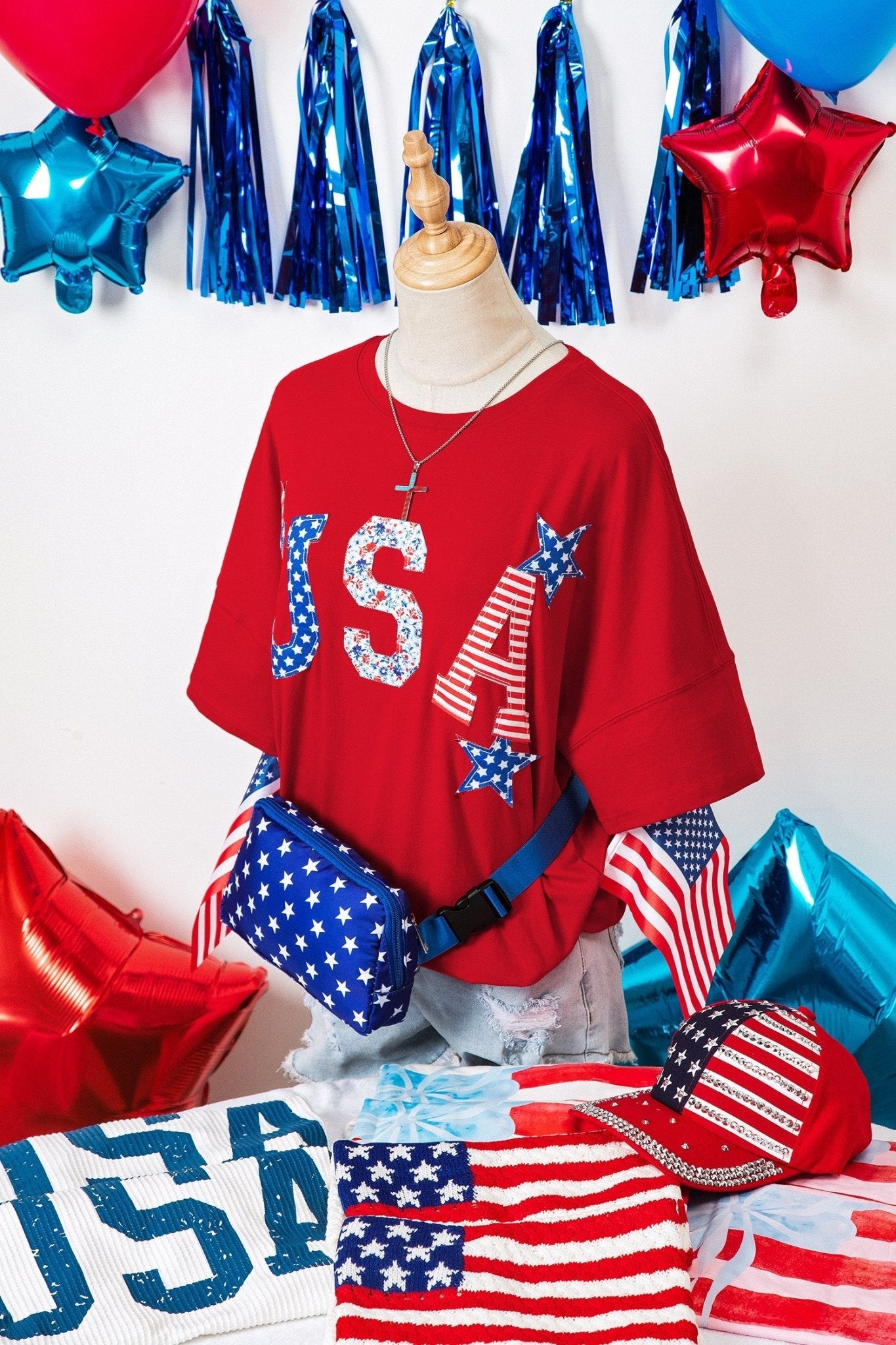 Fiery Red Patriotic USA Slogan Patch Embroidery Short Sleeve T Shirt - Loving It Shop