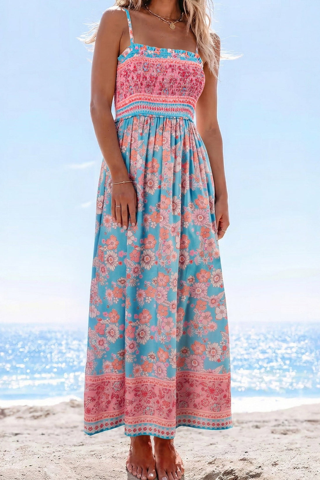 Sky Blue Bohemian Ethnic Print Spaghetti Straps Vacation Maxi Dress - Loving It Shop