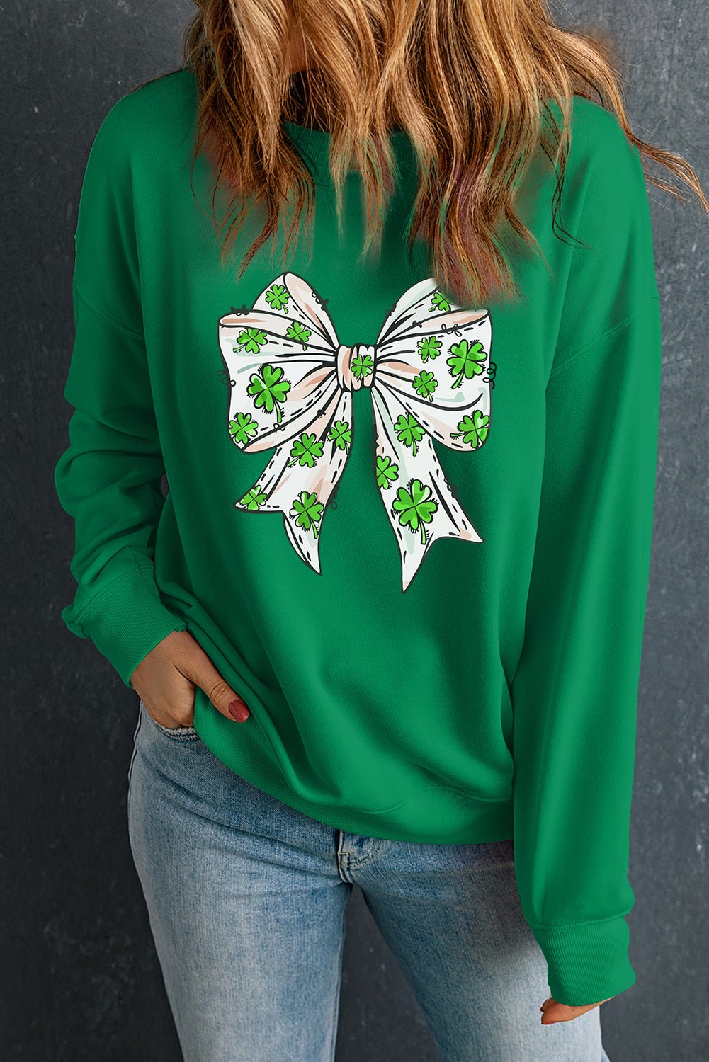 Dark Green St Patricks Clover Bow Printed Drop Shoulder Sweatshirt - Loving It Shop