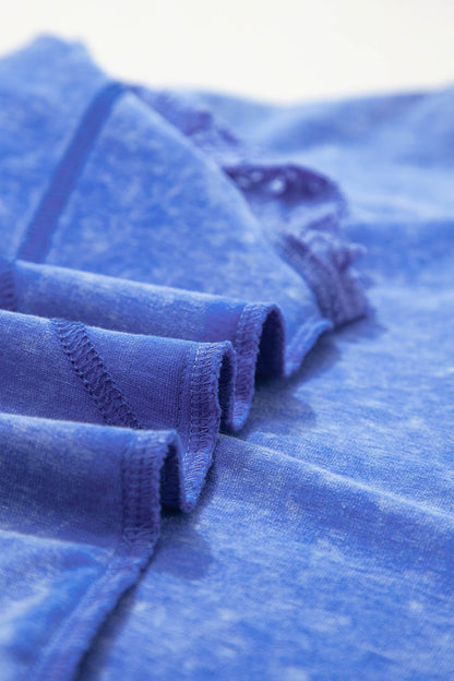 Sky Blue Mineral Wash Raw Seam Lace Sleeve Cotton Tee - Loving It Shop