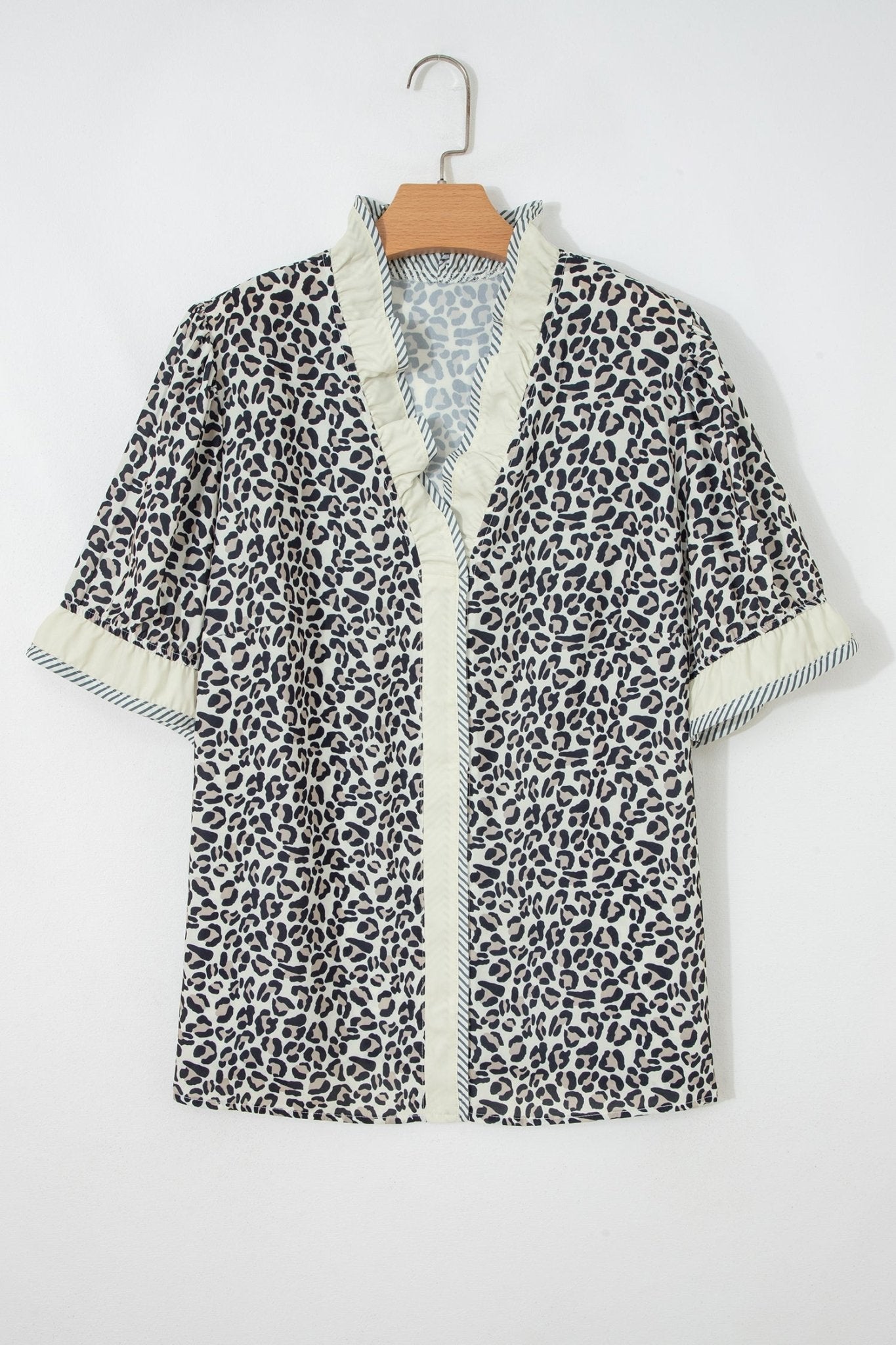 Black Plus Leopard Print Striped Color Block Trim Frilled V Neck Short Sleeve Blouse - Loving It Shop